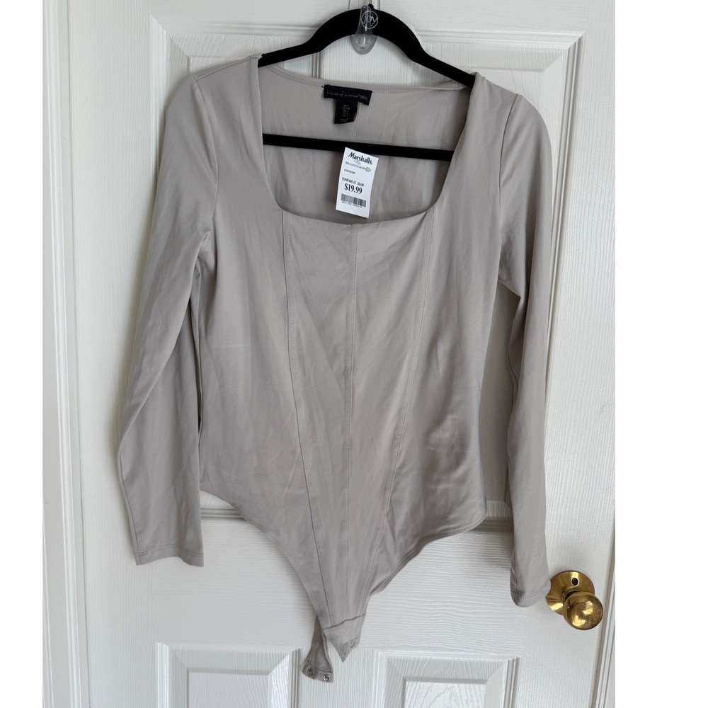 House of Harlow 1960 Women Large Taupe Square Neck Long Sleeve Bodysuit NWT‎